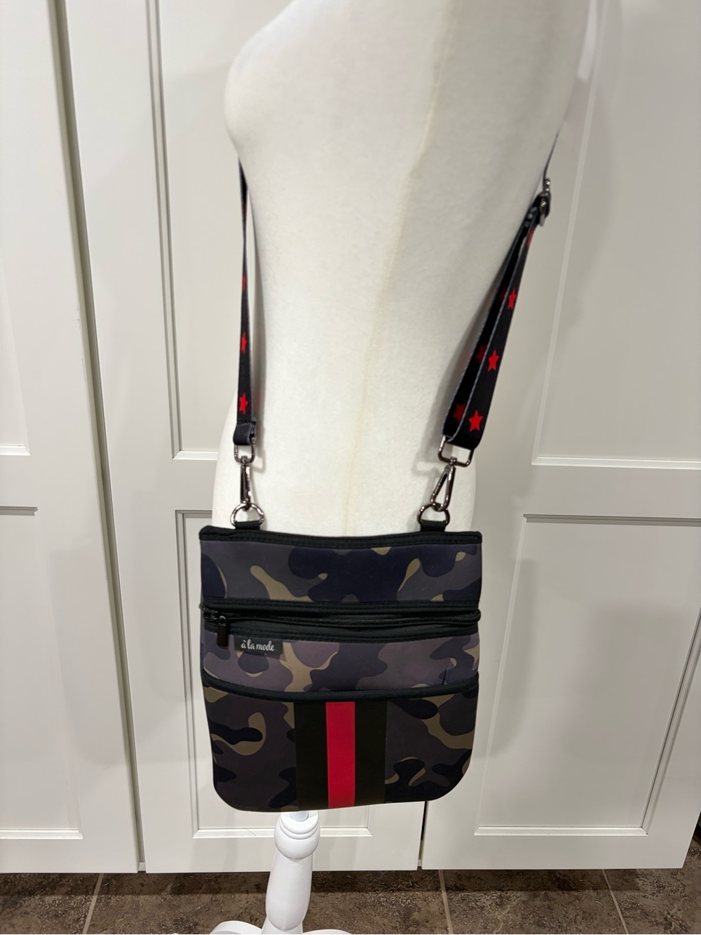 Women's Camo Crossbody Bag with Red Stripe